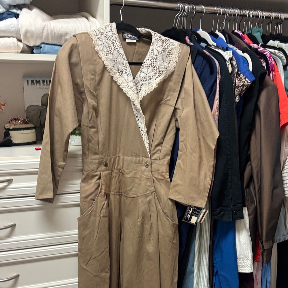 Vintage Tan Jumpsuit with Lace-Trim V Collar